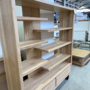 EX DISPLAY, PANAMA 1600MM BOOKCASE, MESSMATE TIMBER, RRP$2399 SOLD AS IS