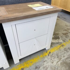 EX DISPLAY HEPBURN 2 DRAWER WHITE BEDSIDE TABLE WITH ACACIA GREY TIMBER TOP, SOLD AS IS