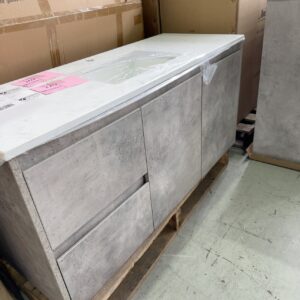 NEW LOLA 1200MM WALL HUNG CONCRETE LOOK CABINET, FINGER PULL WITH LEFT HAND DRAWER, CATO STONE TOP WITH UNDERMOUNT BOWL RRP$1958 CAWH11-1200L-ST26