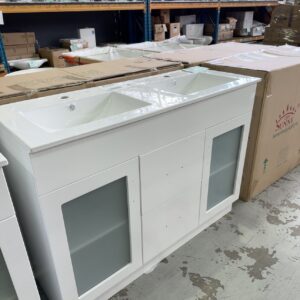 1200MM NEW DOUBLE BOWL VANITY, GLOSS WHITE WITH GLASS DOORS, DOUBLE BOWL CERAMIC VANITY TOP SK6027 & UV31-1200H-1TH