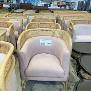 EX EVENT HIRE - RATTAN ARMCHAIR WITH LIGHT PINK UPHOLSTERY, SOLD AS IS