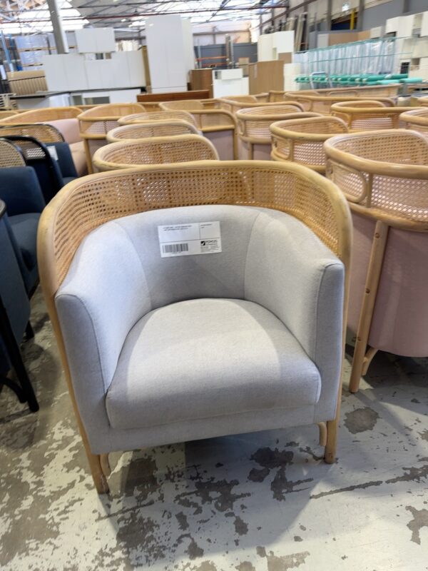 EX EVENT HIRE - RATTAN ARMCHAIR WITH LIGHT GREY UPHOLSTERY, SOLD AS IS