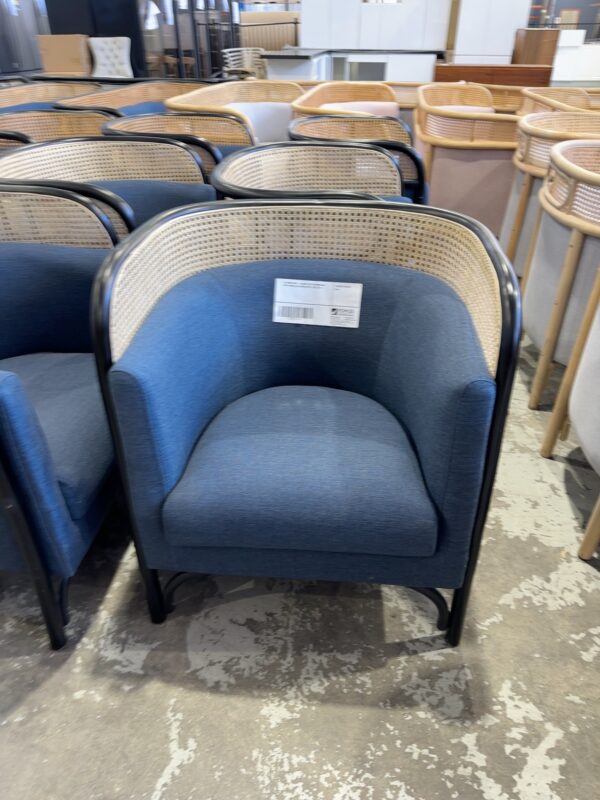 EX EVENT HIRE - BLONDE RATTAN ARMCHAIR WITH DARK BLUE UPHOLSTERY, SOLD AS IS