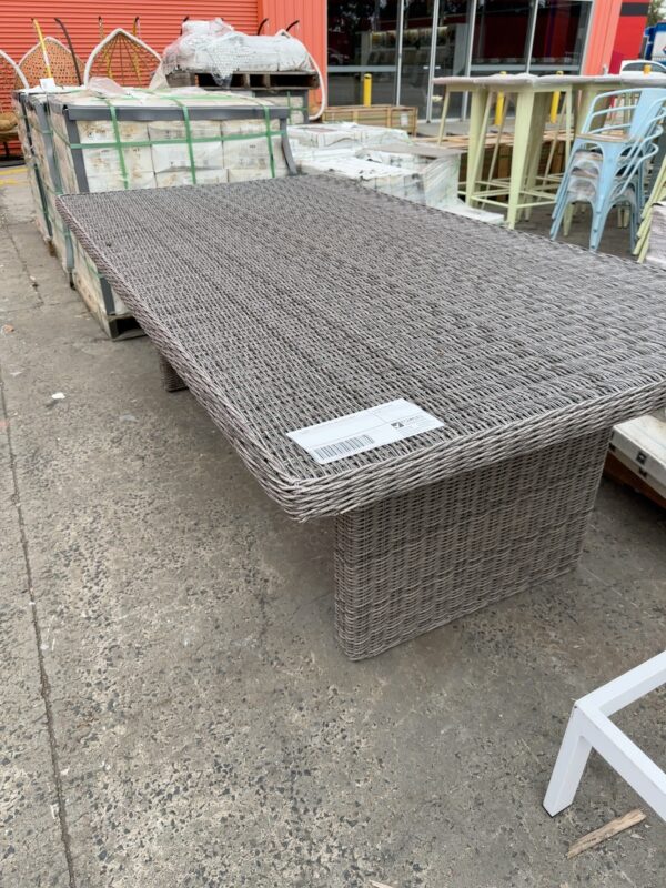 EX HIRE - RATTAN TABLE, NO GLASS, SOLD AS IS