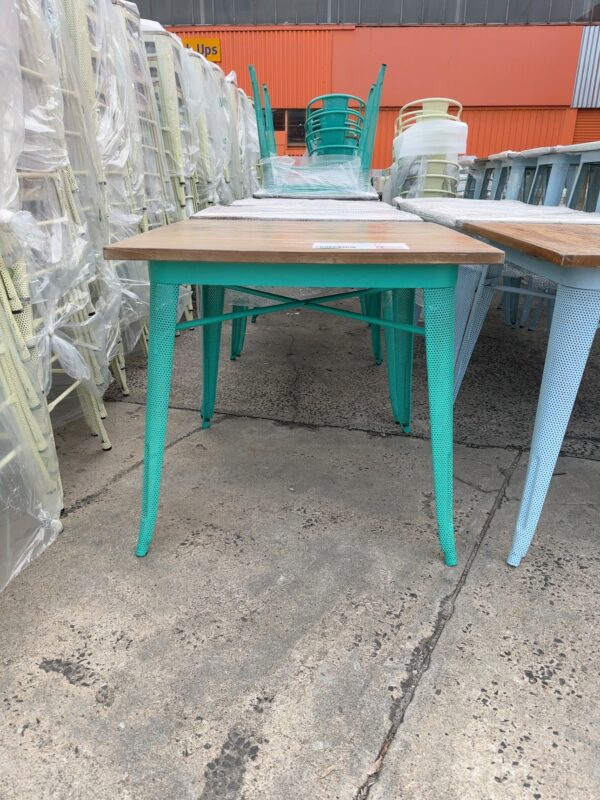 EX HIRE - TEAL METAL TABLE WITH TIMBER TOP, SOLD AS IS