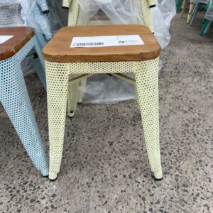 EX HIRE - YELLOW METAL LOW STOOL WITH TIMBER SEAT, SOLD AS IS