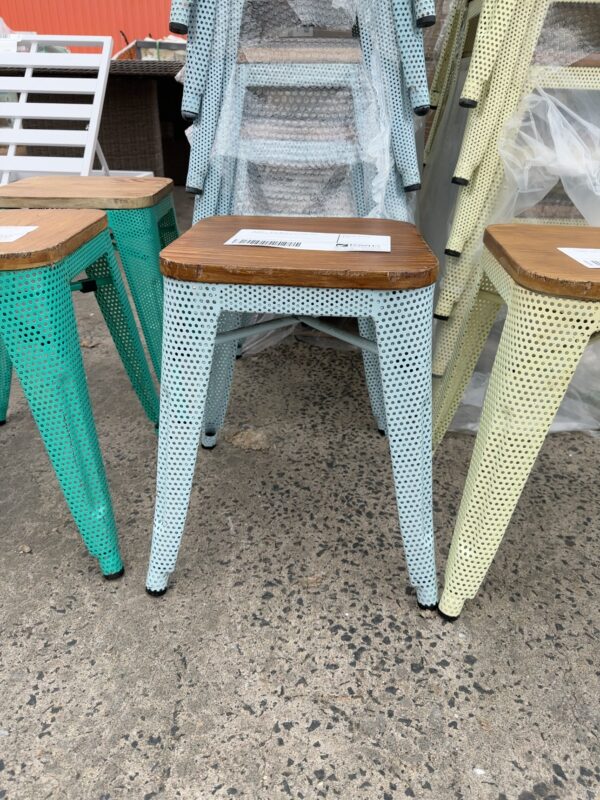 EX HIRE - BLUE METAL LOW STOOL WITH TIMBER SEAT, SOLD AS IS