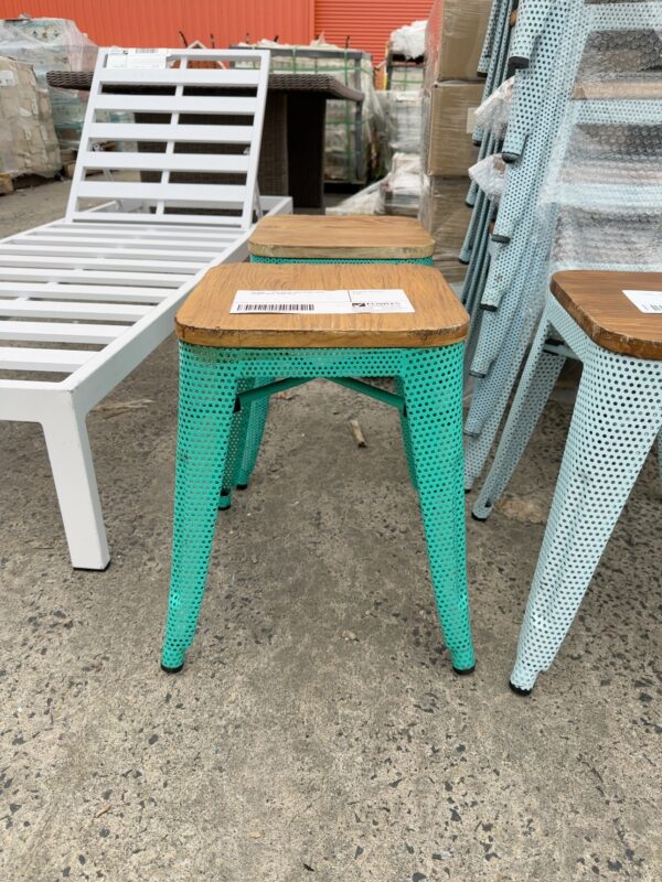 EX HIRE - TEAL METAL LOW STOOL WITH TIMBER SEAT, SOLD AS IS