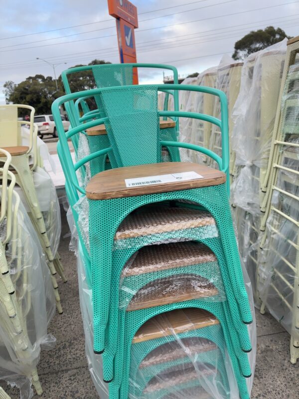 EX HIRE - TEAL METAL CHAIR WITH TIMBER SEAT, SOLD AS IS