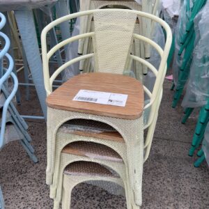 EX HIRE - YELLOW METAL CHAIR WITH TIMBER SEAT, SOLD AS IS
