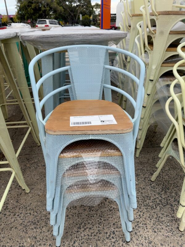 EX HIRE - BLUE METAL CHAIR WITH TIMBER SEAT, SOLD AS IS