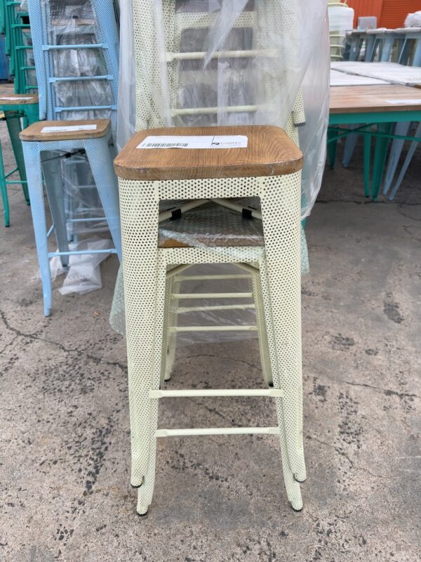 EX HIRE - YELLOW METAL BARSTOOL WITH TIMBER SEAT, SOLD AS IS