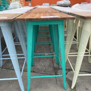 EX HIRE - TEAL METAL BAR TABLE WITH TIMBER TOP, SOLD AS IS