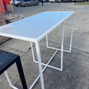 EX HIRE, WHITE METAL BAR TABLE WITH GREY STONE TOP, SOLD AS IS