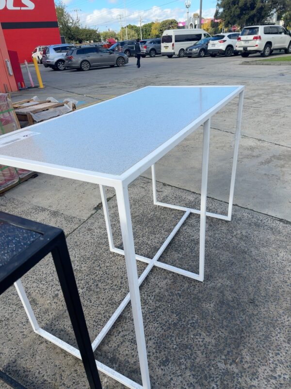 EX HIRE, WHITE METAL BAR TABLE WITH GREY STONE TOP, SOLD AS IS