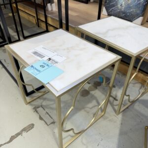 EX STAGING, GOLD SIDE TABLE WITH STONE TOP, SOLD AS IS