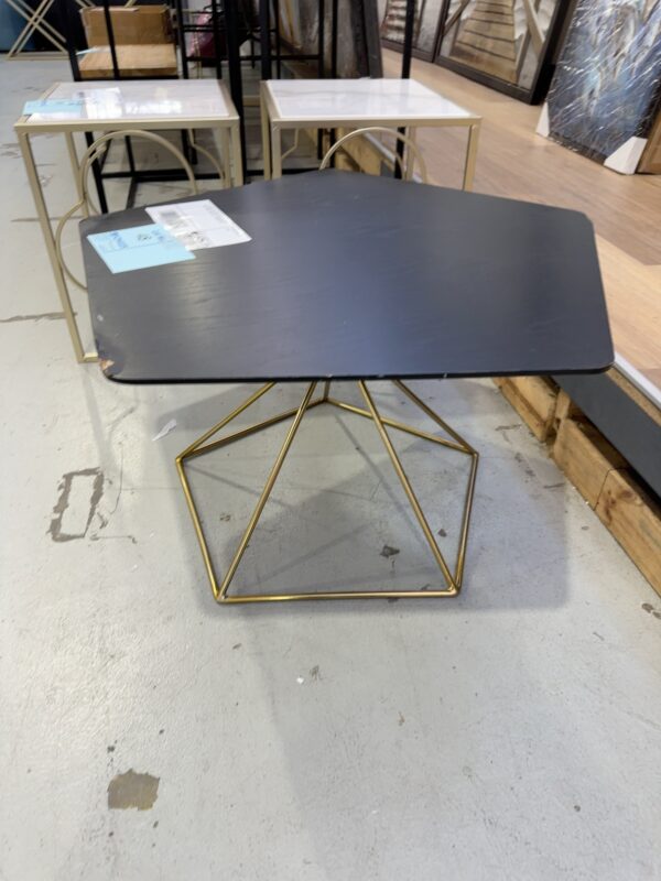 EX STAGING, SIDE TABLE WITH BLACK TOP & GOLD FRAME, SOLD AS IS, **CHIPPED TOP**