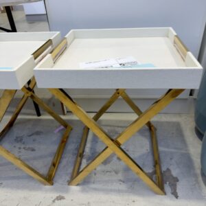 EX STAGING, CREAM & GOLD FOLDING TRAY SIDE TABLE, SOLD AS IS