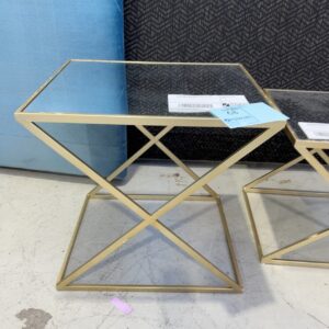 EX STAGING, SIDE TABLE, MIRROR TOP WITH GOLD FRAME, SOLD AS IS
