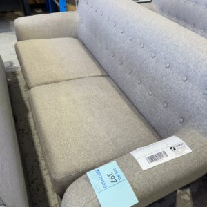 EX STAGING, TAUPE 2.5 SEATER COUCH WITH BUTTON UPHOLSTERED BACK, SOLD AS IS