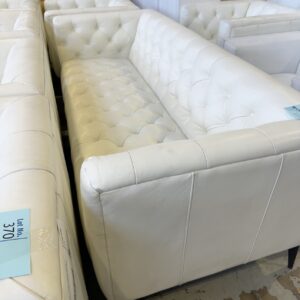 EX HIRE - WHITE LEATHER BUTTON UPHOLSTERED MID CENTURY 2.5 SEATER COUCH, SOLD AS IS