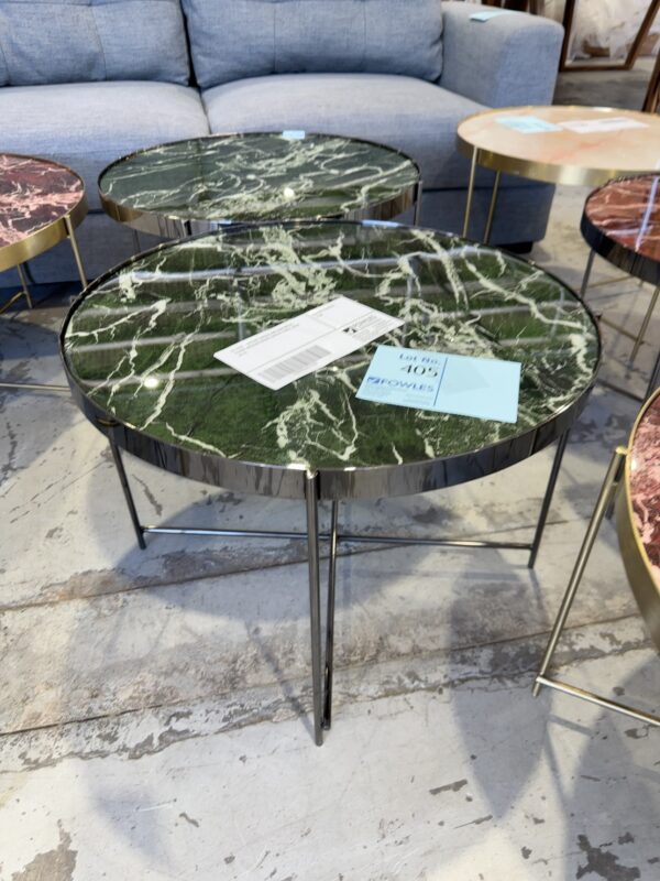 EX HIRE -GATSBY GREEN AND GUN METAL FRAME MEDIUM ROUND COFFEE TABLE, SOLD AS IS