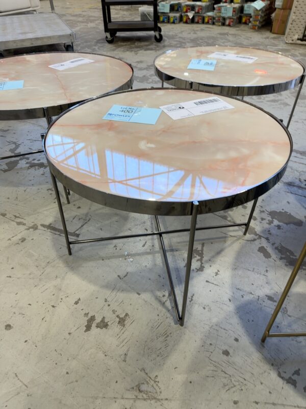 EX HIRE -GATSBY CREAM AND GUNMETAL FRAME MEDIUM ROUND COFFEE TABLE, SOLD AS IS