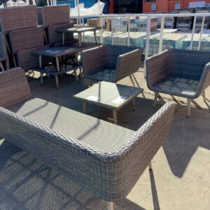 EX HIRE -GREY RATTAN OUTDOOR SETTING, COUCH WITH 2 ARM CHAIRS AND COFFEE TABLE, SOLD AS IS