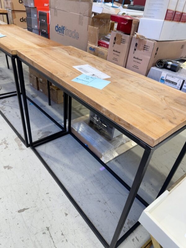 EX STAGING, TIMBER HALL TABLE WITH BLACK METAL FRAME, SOLD AS IS