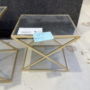 EX STAGING, SIDE TABLE, MIRROR TOP WITH GOLD FRAME, SOLD AS IS