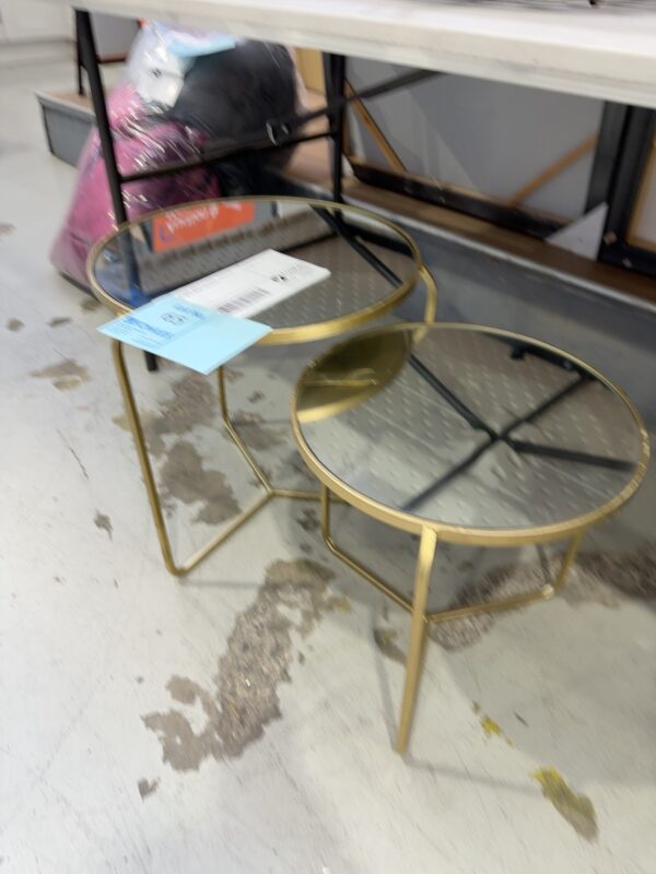 EX STAGING, NEST OF 2 TABLES,  MIRROR TOP WITH GOLD FRAME, SOLD AS IS