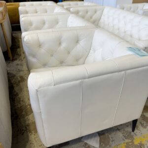 EX HIRE - WHITE LEATHER BUTTON UPHOLSTERED MID CENTURY ARM CHAIR, SOLD AS IS