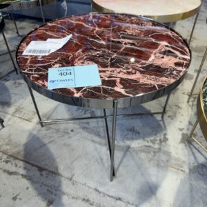 EX HIRE -GATSBY BURGUNDY AND GUN METAL FRAME MEDIUM ROUND COFFEE TABLE, SOLD AS IS