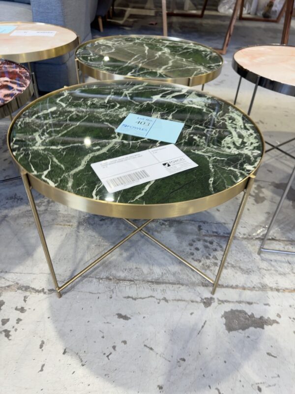 EX HIRE -GATSBY GREEN AND GOLD METAL FRAME MEDIUM ROUND COFFEE TABLE, SOLD AS IS