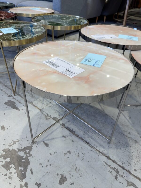 EX HIRE -GATSBY CREAM AND CHROME METAL FRAME MEDIUM ROUND COFFEE TABLE, SOLD AS IS