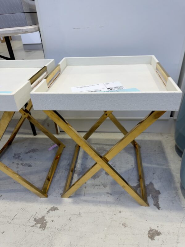 EX STAGING, CREAM & GOLD FOLDING TRAY SIDE TABLE, SOLD AS IS