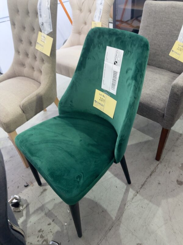 EX STAGING - GREEN VELVET CHAIR, SOLD AS IS