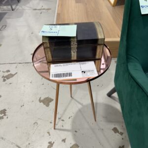 SECOND HAND - ROSE GOLD SIDETABLE WITH DECORATIVE BOX, SOLD AS IS