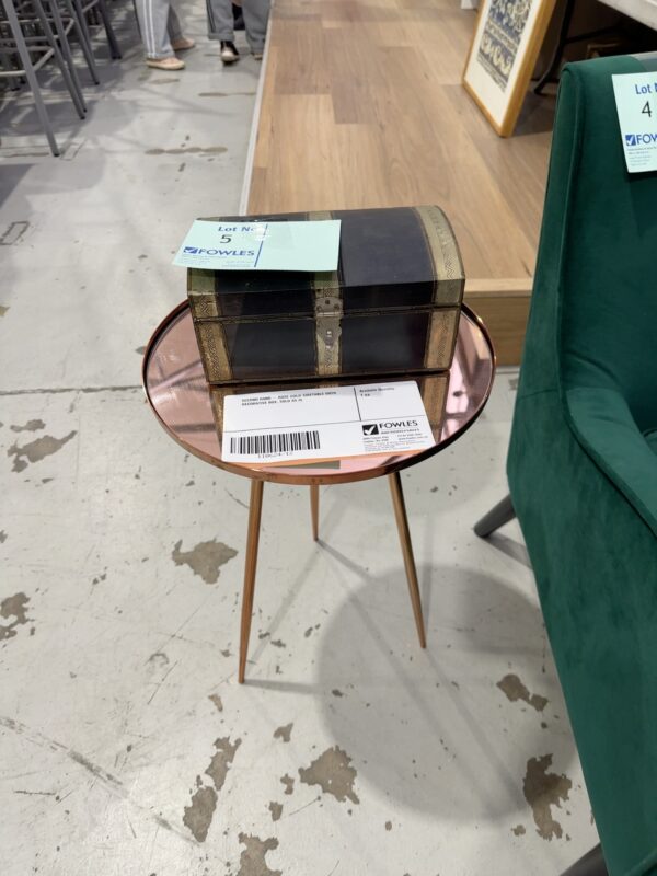 SECOND HAND - ROSE GOLD SIDETABLE WITH DECORATIVE BOX, SOLD AS IS