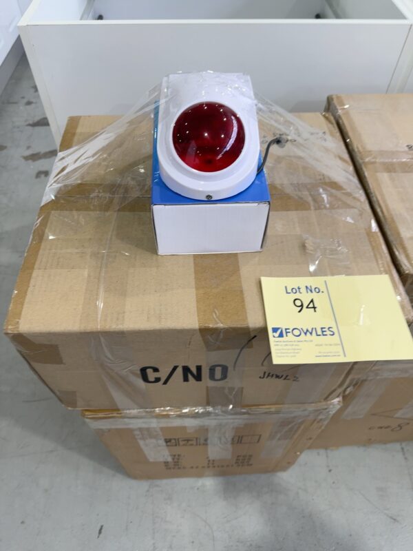 BOX OF RED WIRED OUTDOOR SIREN WITH 12 VOLT CHARGERS, QTY 40 SOLD AS IS, NO WARRANTY