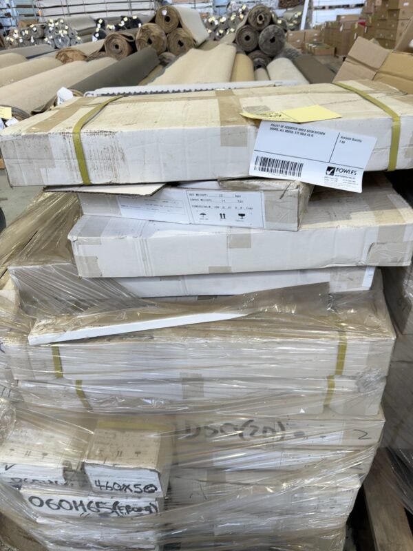 PALLET OF ASSORTED WHITE SATIN KITCHEN DOORS, ALL BOXED, ETC SOLD AS IS