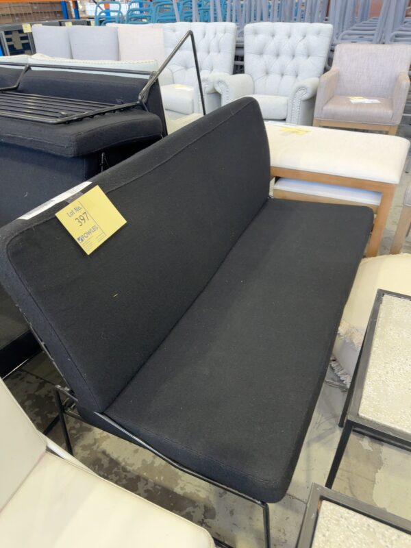 EX HIRE BLACK MATERIAL & BLACK METAL FRAME OUTDOOR SOFA, SOLD AS IS