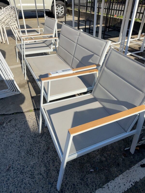 EX STAGING FURNITURE - OUTDOOR BALCONY SETTING, COUCH & 2 ARM CHAIRS, SOLD AS IS