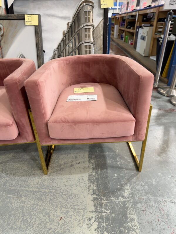 EX STAGING FURNITURE - PINK VELVET & GOLD TUB CHAIR, SOLD AS IS