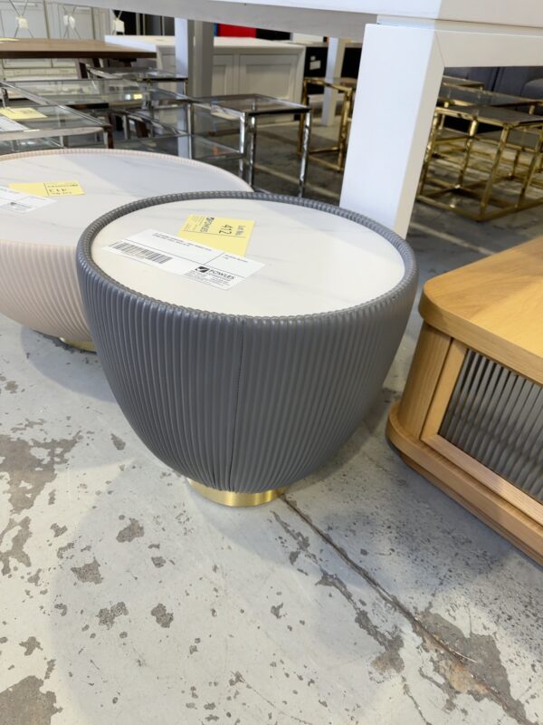 EX STAGING FURNITURE - GREY RIBBED FAUX STONE SIDE TABLE, SOLD AS IS