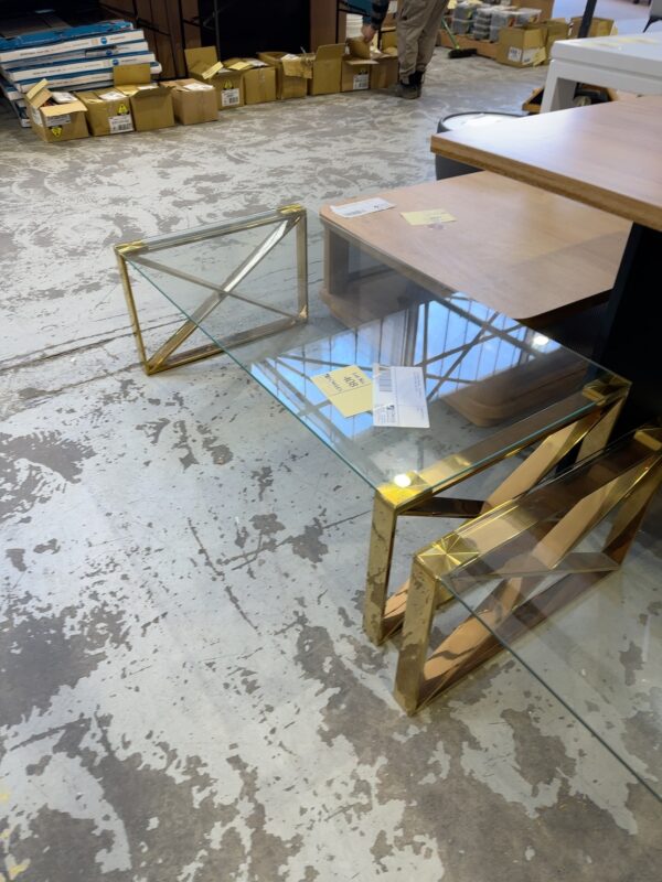EX STAGING FURNITURE - GOLD METAL & GLASS COFFEE TABLE SOLD AS IS