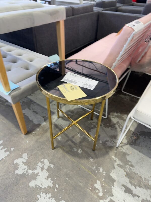 EX STAGING FURNITURE - GOLD & BLACK SIDE TABLE, SOLD AS IS