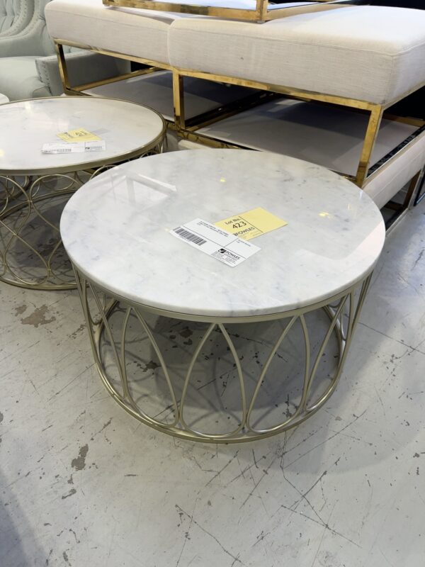 EX STAGING FURNITURE - METAL FRAMED STONE TOP SIDE TABLE/COFFEE TABLE, SOLD AS IS