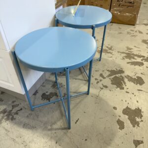 EX STAGING FURNITURE - BLUE METAL SIDE TABLE, SOLD AS IS