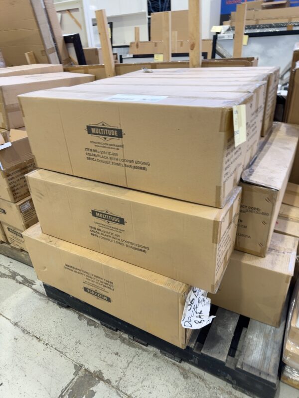 PALLET OF 800MM DOUBLE TOWEL RAILS, BLACK WITH COPPER EDGING, SOLD AS IS